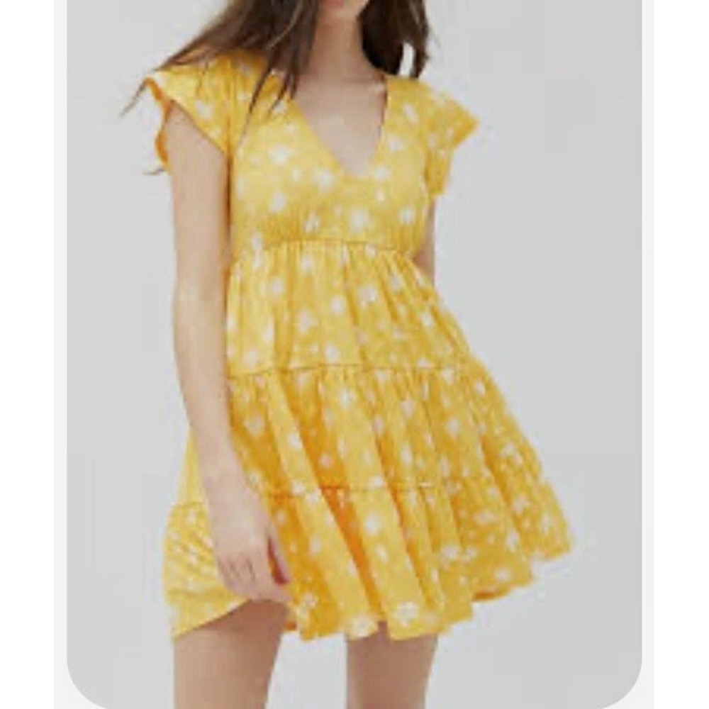 Urban Outfitters Women's M Yellow/White Floral V-Neck Cap Sleeve Mini Dress